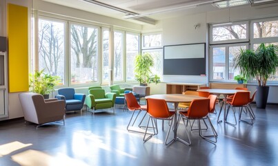 Fototapeta premium Bright and Spacious Elementary Classroom with Modern Furniture Design