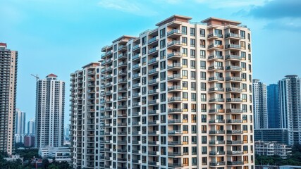 Modern module apartment block with sleek design and clean lines, featuring a mix of glass, steel, and concrete materials, architecture, facade