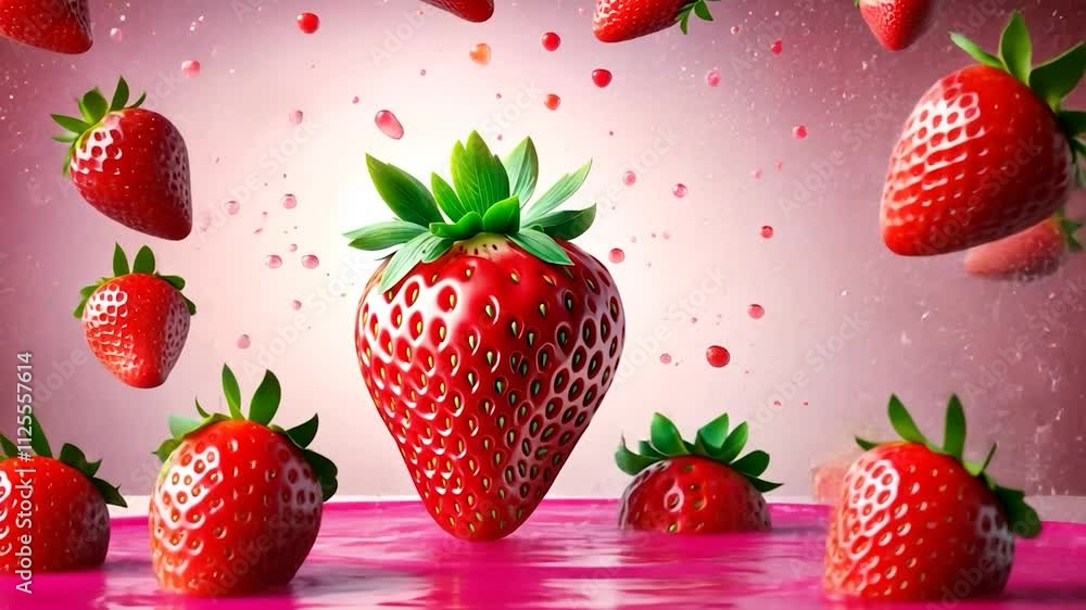 Poster ripe strawberries splash into vibrant pink liquid, creating a refreshing and dynamic visual. the sce