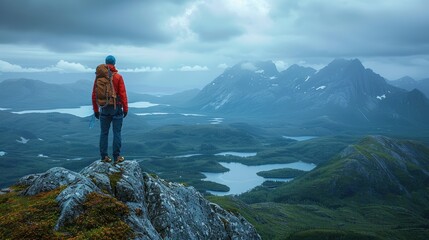Obraz premium Hiker on mountaintop overlooking serene valley and majestic peaks under a dramatic sky.