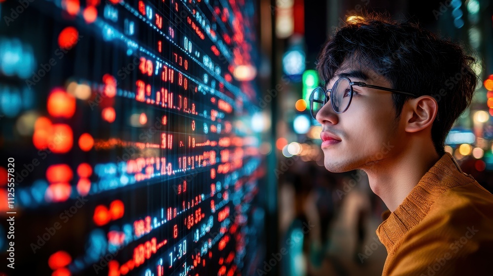 Poster a man is looking at a computer screen with a lot of numbers on it. he is wearing glasses and has a s
