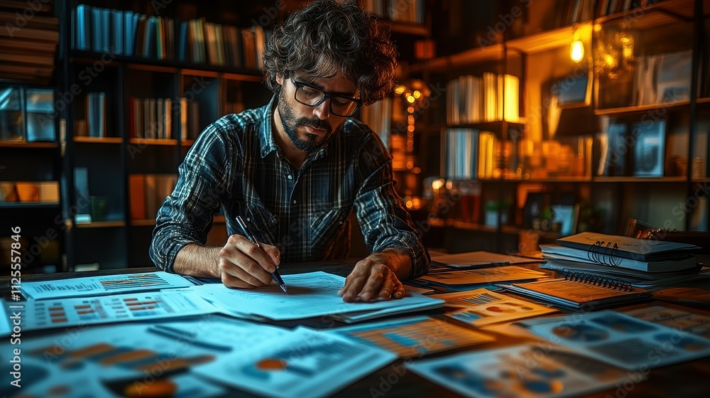 Poster a man is sitting at a desk with a stack of papers and a pen. he is writing on the papers, possibly w