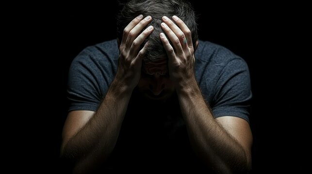 A man is crying with his hands on his head. Concept of sadness and despair