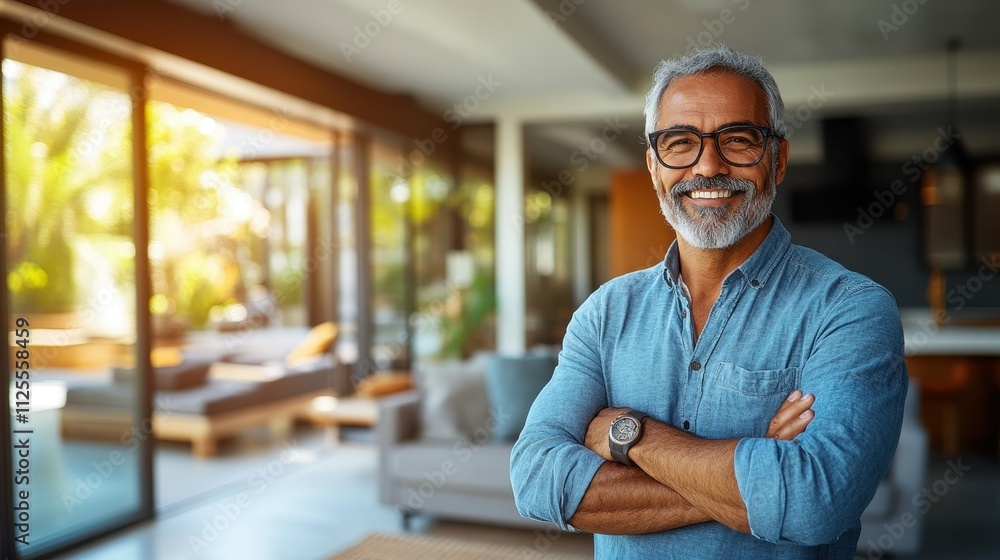 Poster a man with a beard and glasses is smiling and standing in front of a couch. he is wearing a blue shi