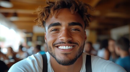 A man with a beard and dreadlocks is smiling and looking at the camera. He is wearing a white shirt and black suspenders