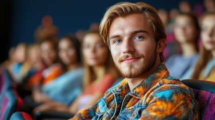 Obraz premium A man with a beard and blue eyes is smiling at the camera. He is sitting in a theater with a group of people