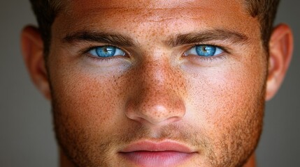 Obraz premium A man with a beard and blue eyes. The man has a blue eye shadow on his eye