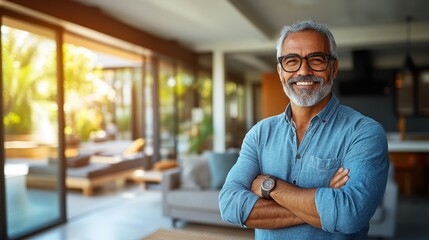 Obraz premium A man with a beard and glasses is smiling and standing in front of a couch. He is wearing a blue shirt and a watch