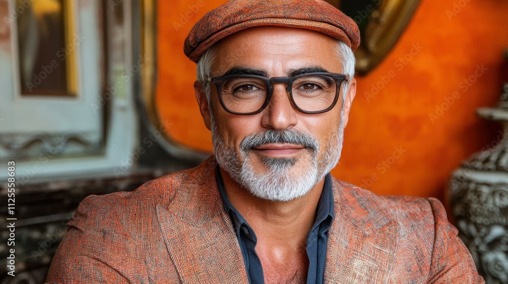 Poster a man with a beard and glasses is wearing a red jacket and a hat. he is smiling and looking at the c