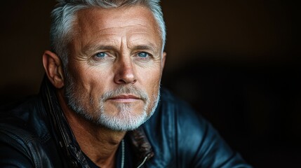 Fototapeta premium A man with a beard and gray hair is wearing a black jacket and looking at the camera. He is a businessman or a professional