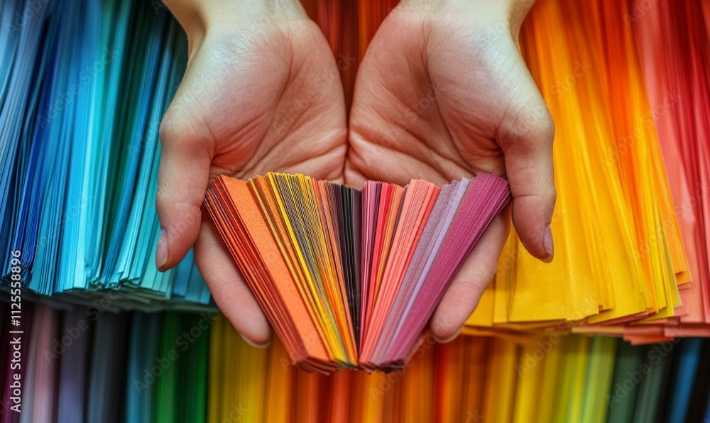 Poster close-up of hands selecting color swatches for design project, concept of creativity and color theor