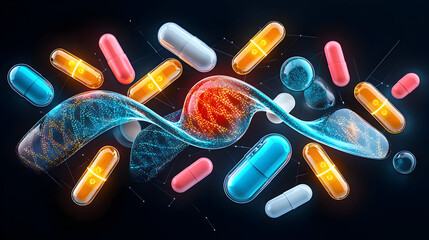 Pharmaceuticals Personalized Medicine Abstract visualization of genetic data streams with colorful capsules