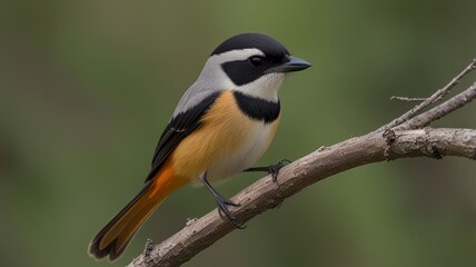 Fototapeta premium Side view of a small bird with gray, black, and orange plumage perched on a branch.