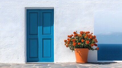 White wall with a blue door. In front of it is an orange flower pot on the table, against a backdrop of clear sky and sea