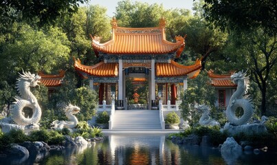 Fototapeta premium ancient Chinese pagoda with red tiled roofs and ornate dragon statues surrounded by a tranquil garden