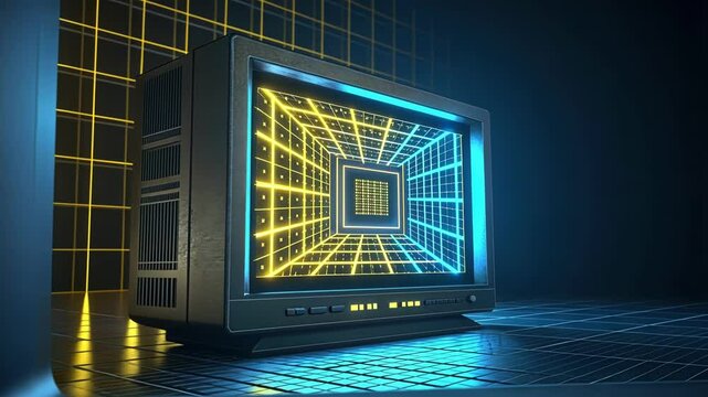 The monitor displays an abstract grid of neon yellow and electric blue with glitched squares and unexpected bursts of static. It feels as if the screen is trying to communicate