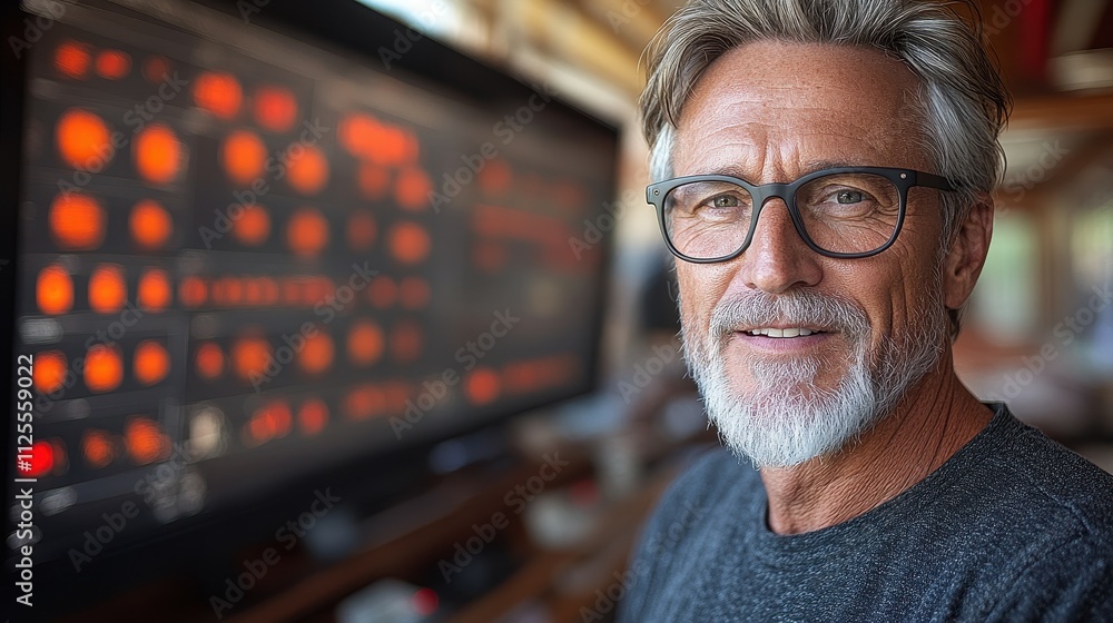 Poster a man with glasses is smiling in front of a computer monitor. the monitor displays a variety of colo