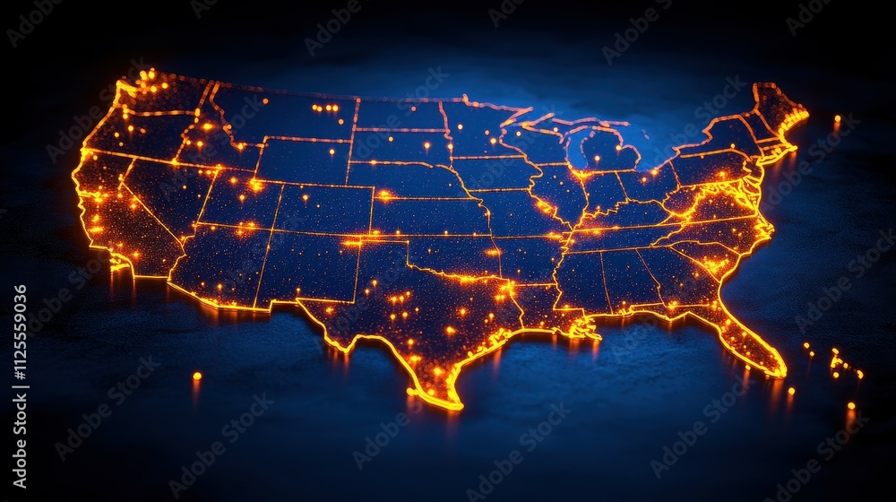 Poster a map of the united states is lit up in orange. the map is lit up in a way that makes it look like i