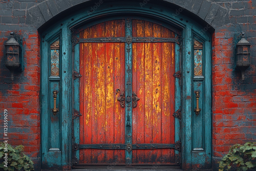 Poster a red and blue door on a brick wall, simple and solid architecture