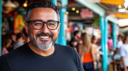 A man with glasses is smiling and posing for a picture. He is surrounded by a group of people, some of whom are wearing sunglasses. The scene appears to be a casual gathering or a social event