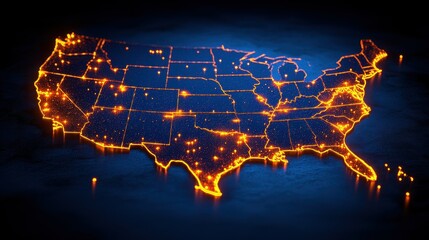 A map of the United States is lit up in orange. The map is lit up in a way that makes it look like it's glowing