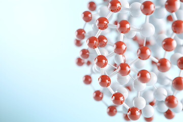 Pharmaceuticals Personalized Medicine Molecular structure with red and white spheres representing atoms