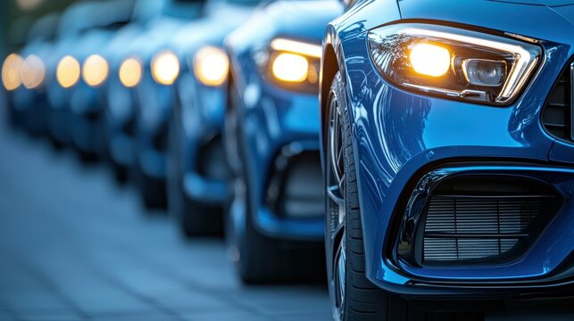 A row of blue cars are lined up on a street. The cars are all of the same make and model, and they are all parked next to each other. The street is dark