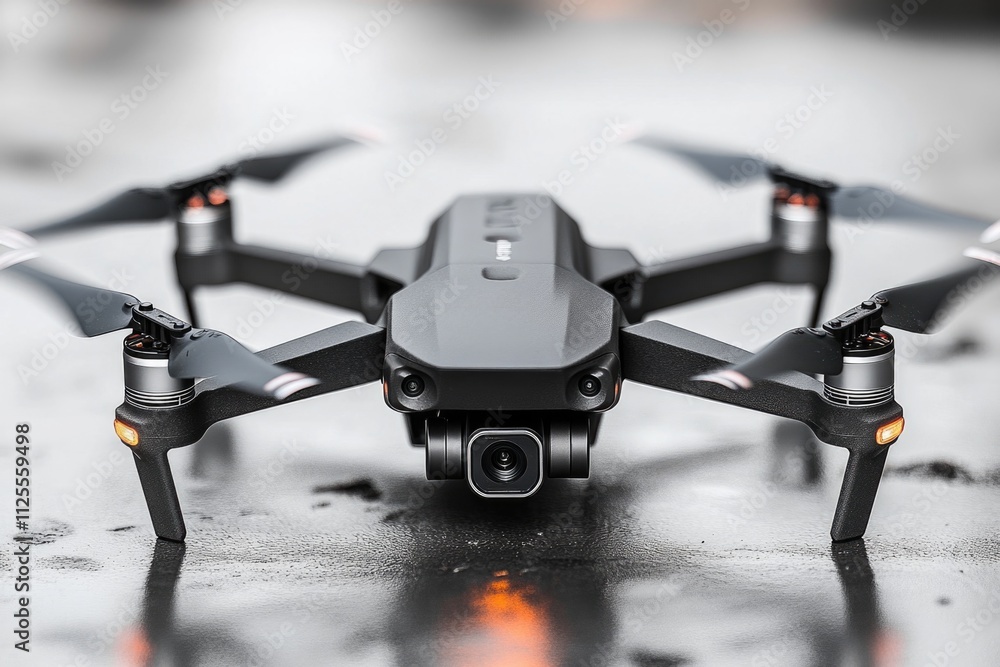 Poster a close-up shot of a small black drone resting on a flat surface