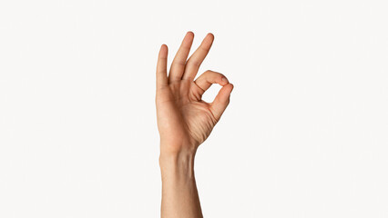 Close up of millenial guy showing OK gesture, expressing positivity on white background. Panorama