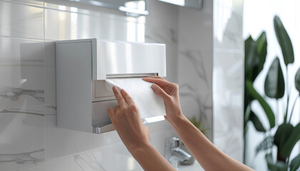 Woman taking new fresh paper towel from dispenser in bathroom, closeup. Space for text