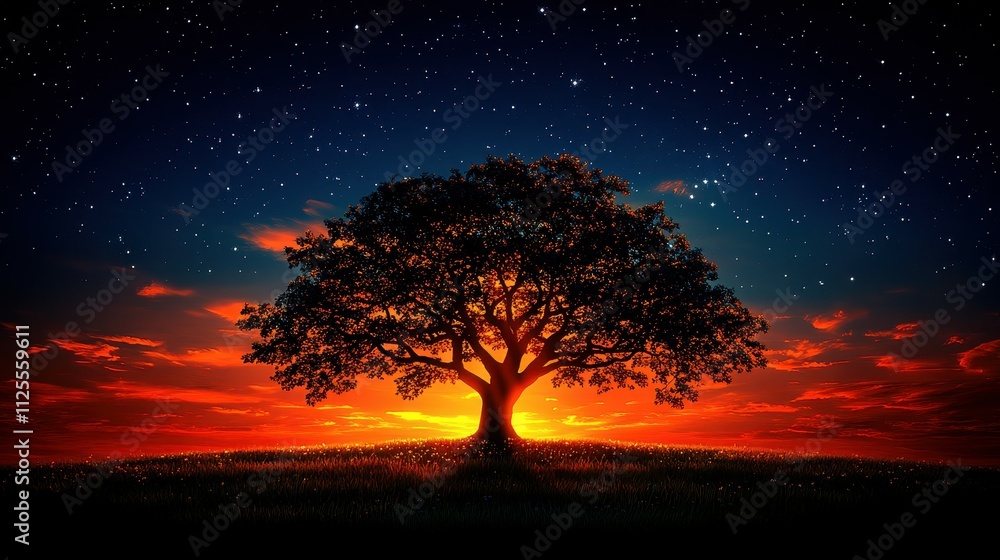 Poster a tree is lit up in the dark sky with a sunset in the background. the tree is the main focus of the 