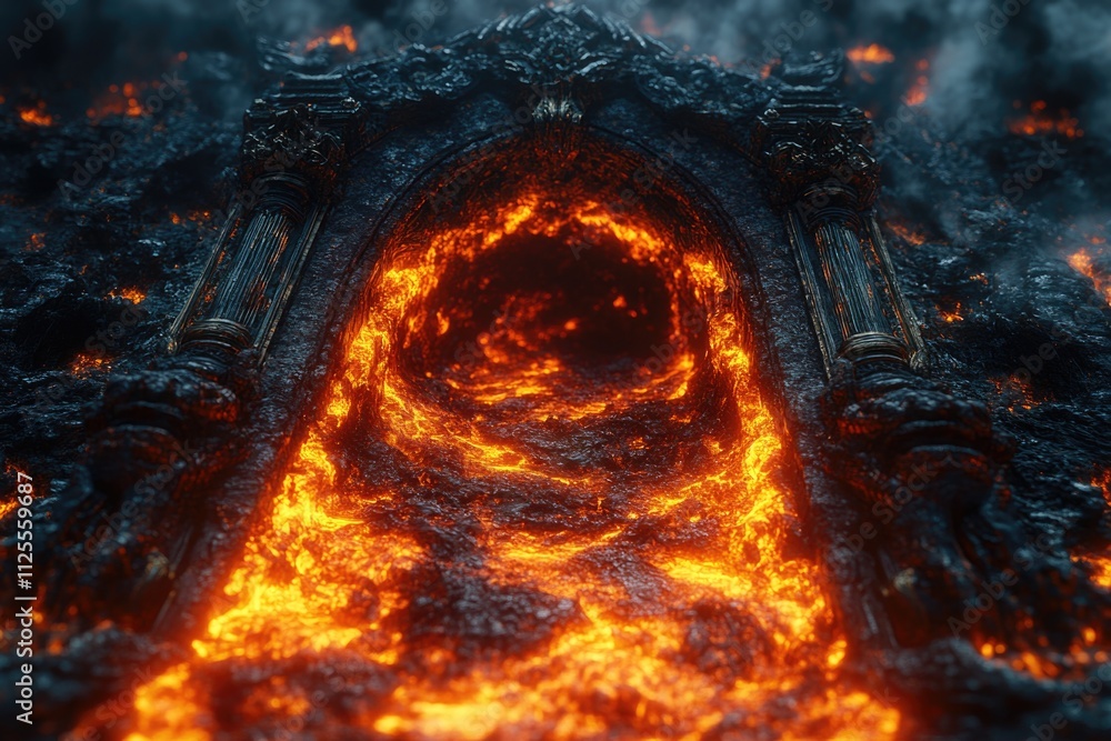 Poster a burning tunnel in the midst of a forest, surrounded by trees and vegetation