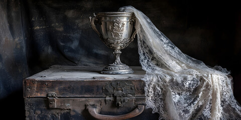 Vintage Trophy with Lace, Antique Silver Trophy with Vintage Lace, Old Weathered Chest with Fabric, Elegant Still Life Art