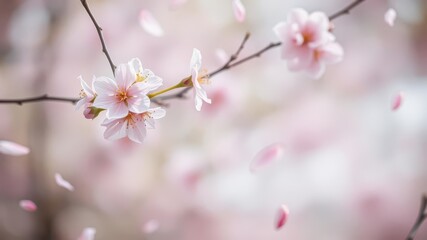 Soft pink sakura petals falling gently in the background, blur, spring, romantic