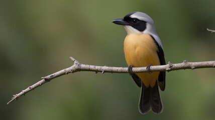 Naklejka premium A yellow-and-gray bird perched on a branch.