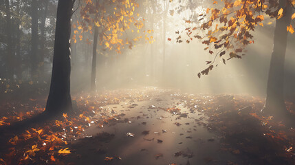 Soft sunlight filters through mist in an autumn forest, casting warm light on fallen leaves