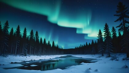 Obraz premium Un paisaje nevado de invierno con una vibrante aurora boreal verde y azul (luces del norte) en el cielo sobre un bosque de pinos