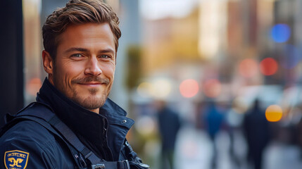 Fototapeta premium Smiling caucasian male adult in police uniform in urban setting