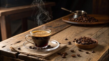 Cup Of Espresso Coffee With Coffee Beans On Traditional Old Table