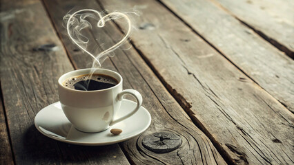 Espresso Coffee Cup with heart-shaped aroma of love for good traditional coffee With coffee beans on traditional old table