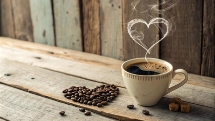 Espresso Coffee Cup with heart-shaped aroma of love for good traditional coffee With coffee beans on traditional old table