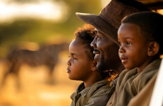 Father and children smile while observing wild animals in the savanna during a memorable safari adventure