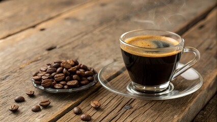 Cup Of Espresso Coffee With Coffee Beans On Traditional Old Table