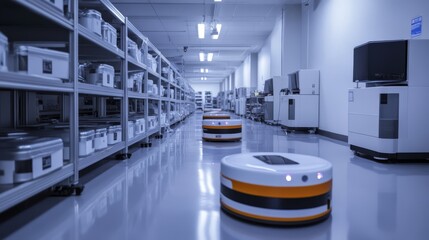 Autonomous robots navigating a sterile, modern facility corridor.