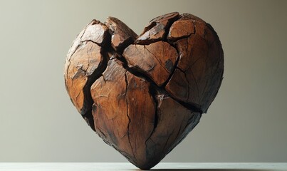 An Artistic Representation of a Cracked Wooden Heart Symbolizing Fragility and Resilience