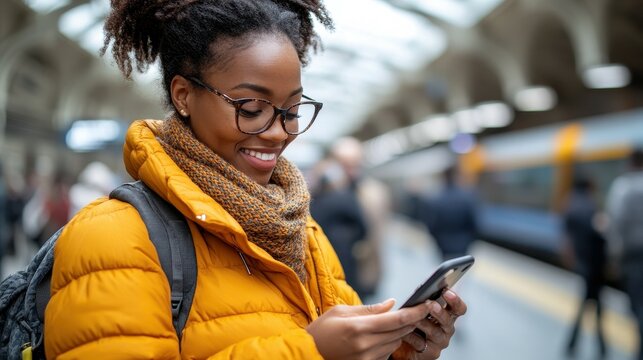 A woman wearing a yellow jacket is smiling while looking at her cell phone. She is surrounded by other people, some of whom are also looking at their phones