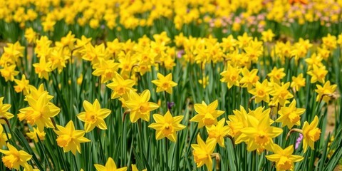 Fototapeta premium Vivid yellow daffodil flowers blooming enthusiastically in a vast field under the bright sun, colorful, yellow, nature