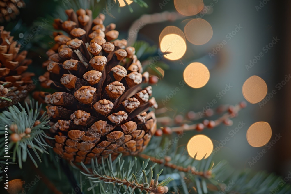 Poster A close-up view of a pine cone attached to a tree branch