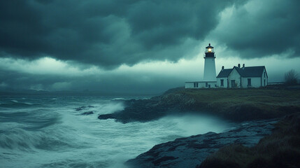 A dramatic lighthouse stands resilient on a rocky coastline, illuminated by stormy lighting. Thunderbolts strike the dark sky, symbolizing strength, hope, and guidance amidst turbulent challenges