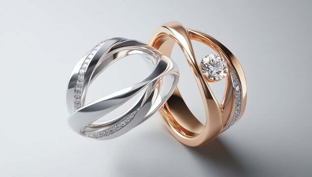 Exquisite Intertwined Wedding Rings Featuring Brilliant Diamond and Elegant Silver and Gold Bands, Symbolizing Love and Unity in Luxurious Jewelry Design